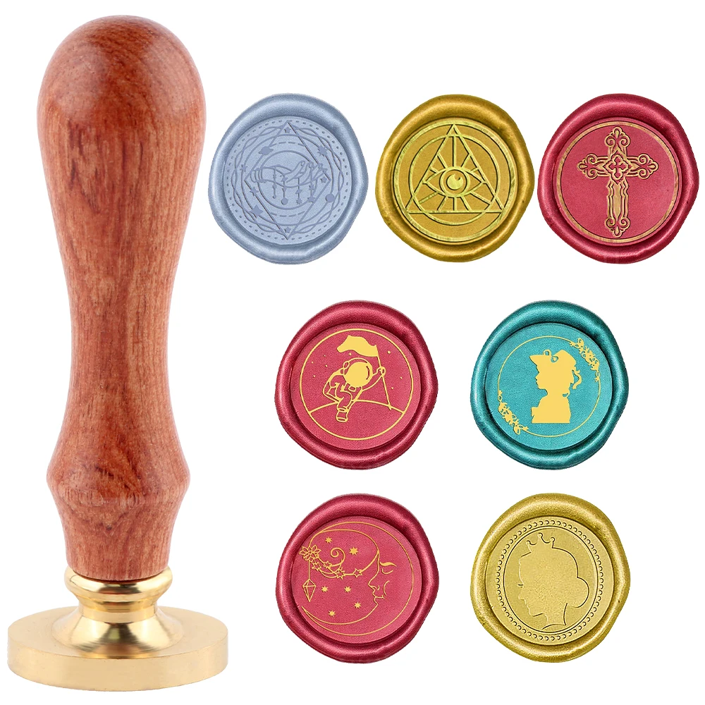 Wax Seal Stamp Set - ワックスシールスタンプセット、取り外し可能な丸型真鍮スタンプヘッド1個とローズウッドハンドル、文字、目、手、十字模様入り封筒用