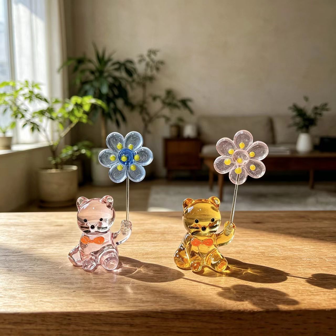 Paper Weight Crystal - 和風ガラス製子猫ペーパーウェイト、花の置物付きクリスタル猫オーナメント、家の装飾アートコレクターアイテム